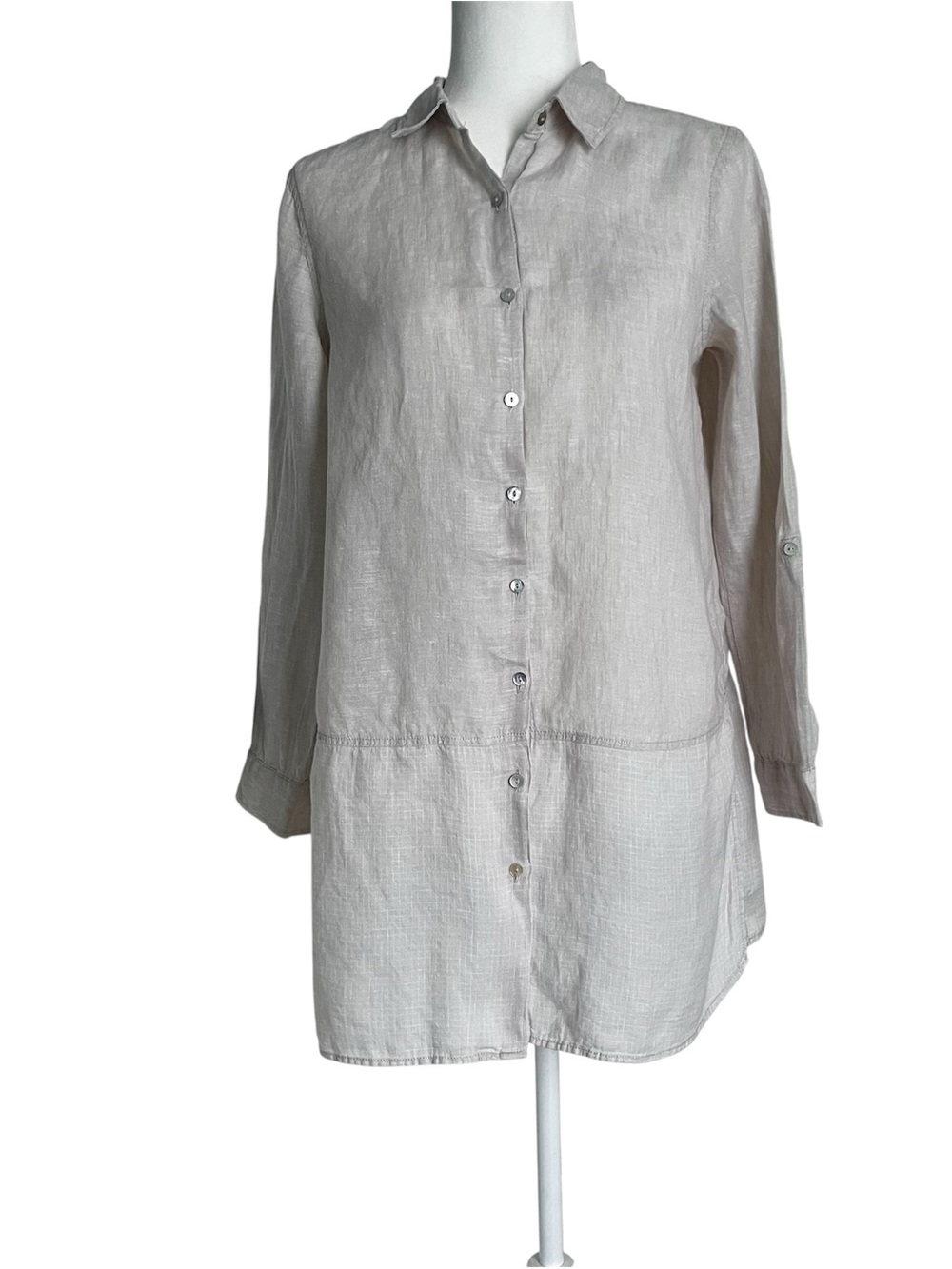 Tahari 100% Linen Button Down Roll Tab Sleeve Tunic Top Chambray Sz S
